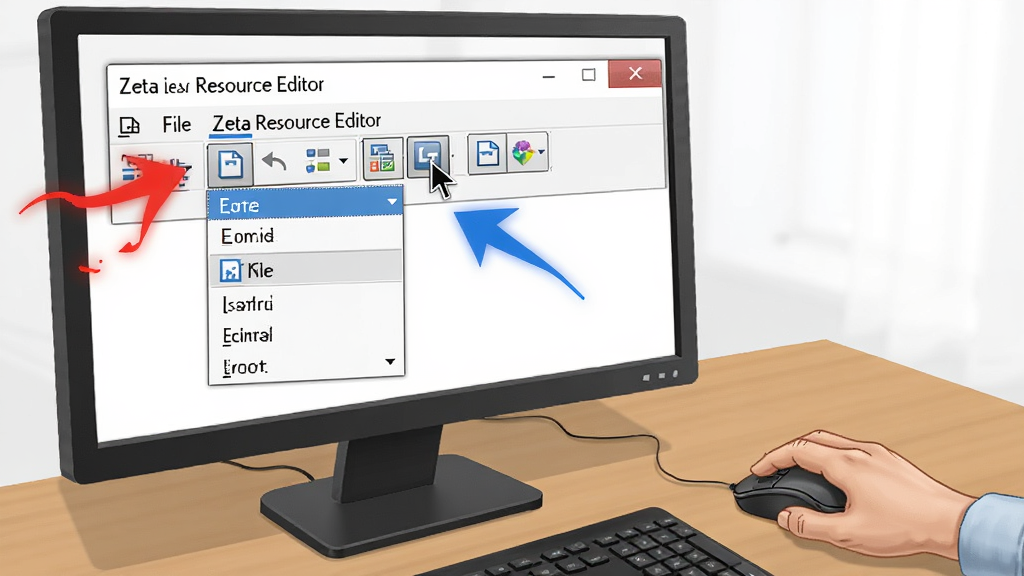 Zeta Resource Editor �����̳�ʾ��ͼ������չʾ������Ļ�� Zeta Resource Editor �������棬��������һ����ɫ��ͷָ��˵����� File �˵�����һ����ɫ��ͷָ�򹤾����ı��水ť����Ļ�Ա���һֻ��������꣬����Ϊ���İ칫�������Ϊ�̳���дʵ��ͼ��ϸ�ڰ����������ڡ��˵������б�������ͼ�ꡢ���ָ�룬�����������ɾ����޶���Ԫ��