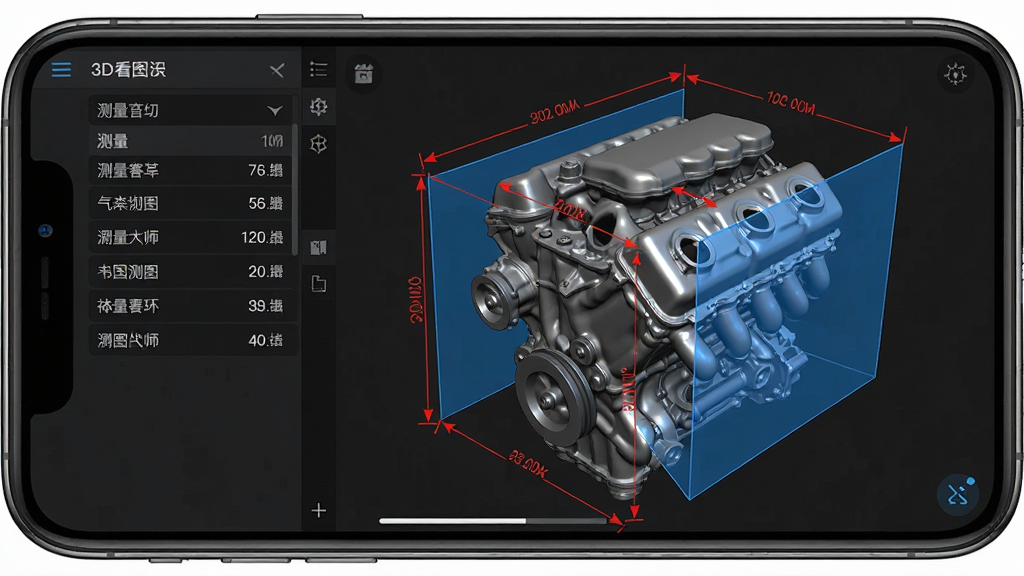 һ��չʾ3D��ͼ��ʦ���������й��ܵĽ����ͼ�������������ֻ���Ļ��ʾһ��������������άģ�ͣ���Ļ�ϵ����˺�ɫ�Ĳ�����ע�ߺ���ɫ������ƽ�棬�����ʾ����������壬����Ϊ���ҷ��������Ϊ��ɫרҵ���߽��棬ϸ���ϲ���������׼��������ƽ���������������������ʸ��壬�ɾ����޶���Ԫ��