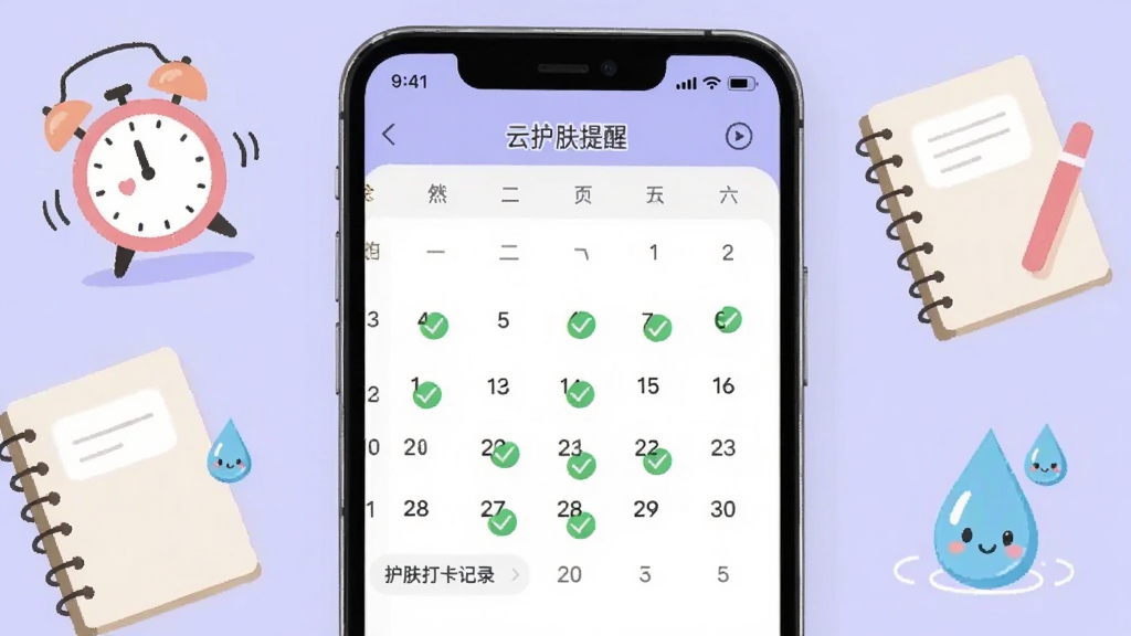 һ��չʾ�ƻ���APP�������¼���ܵĽ���ͼ���ֻ���Ļ��ʾ��������ͼ�ͻ����򿨼�¼��������������ɫ�Թ���ǡ����汳��Ϊǳ��ɫ����Χ�����ӡ��ʼǱ���ˮ�εȲ廭Ԫ�ء���������á��Ѻã�����Ϊ���ģ������������޶���Ԫ�ء�