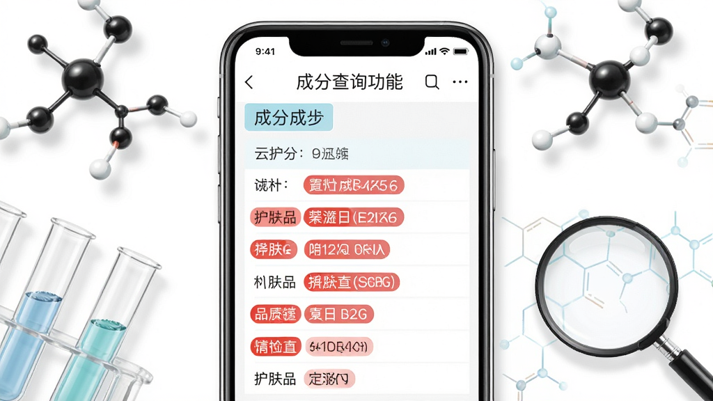 һ��չʾ�ƻ���APP�ɷֲ�ѯ���ܵĽ���ͼ���ֻ���Ļ��ʾ��һ���Ʒ�ĳɷ��б�������ĳЩ�ɷֱ���ɫ��ǡ����汳��Ϊ��ɫ����Χ�з��ӽṹ���Թܡ��Ŵ󾵵ȿ�ѧԪ�ء��������Ͻ�������������Ϊ���ģ��������������������ݡ�