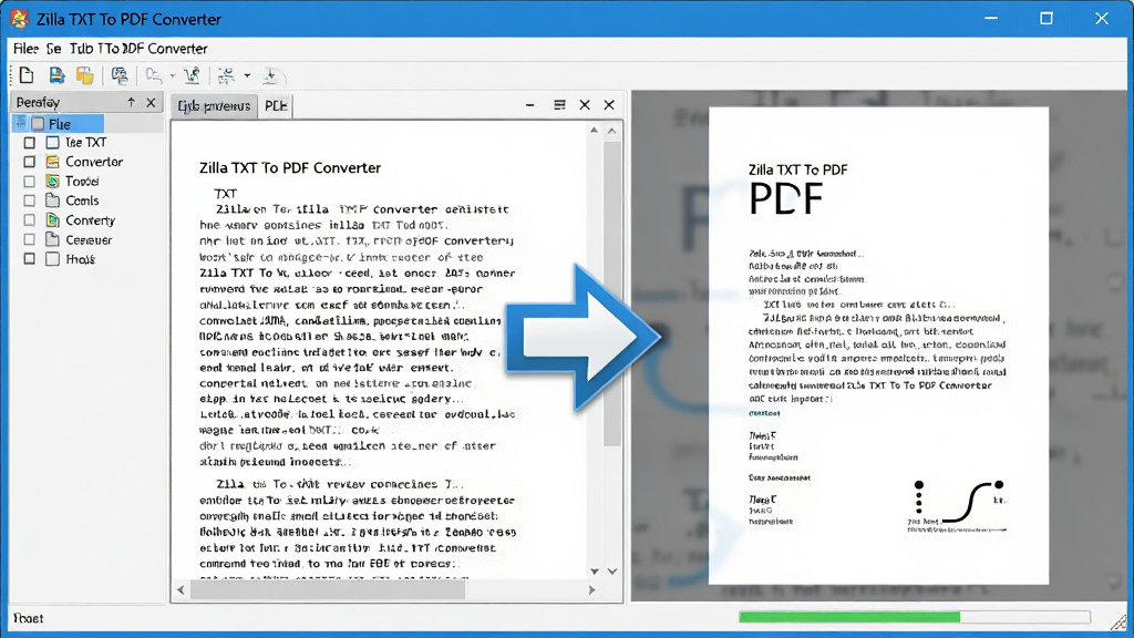 һ��չʾZilla TXT To PDF Converter���������ͼƬ���������������������ڣ������ʾTXT�ı�����Ԥ�����Ҳ���ʾת�����PDFЧ��Ԥ�����м���һ����Ŀ��ת����ͷ��ť����������