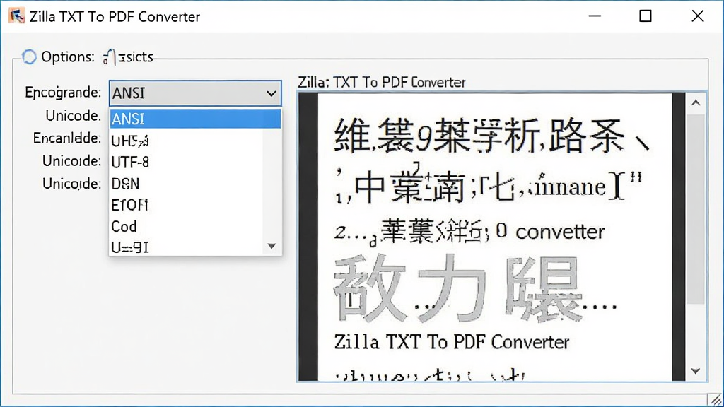 һ��չʾZilla TXT To PDF Converter�������ù��ܵ�ͼƬ��������������������һ�������˵����˵����г���ANSI��UTF-8��Unicode�ȱ���ѡ��Ա���Ԥ��������ʾ��ȷ�����ĺ������ַ�����������