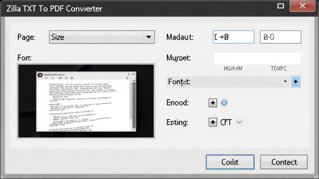 һ��չʾZilla TXT To PDF Converterת�����ý����ͼƬ����������һ�����öԻ��򣬰���ҳ���С�����˵���ҳ�߾����������ѡ�����ͱ���ѡ���������