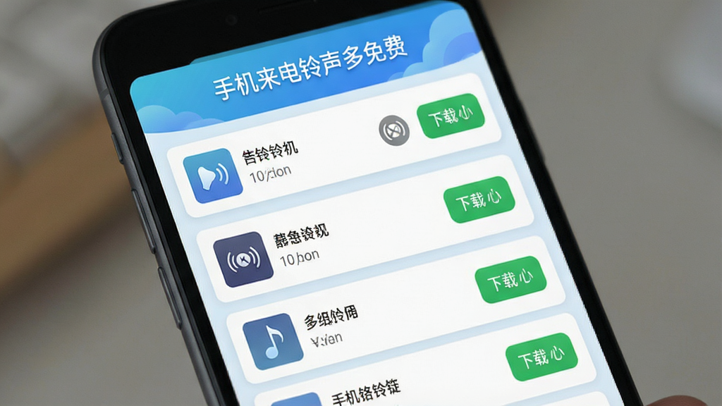 手机来电铃声多免费软件内部铃声列表页面,画面展示“手机来电铃声多免费”文字标题,下方排列着多首热门铃声条目,每条包含铃声名称、试听按钮和下载按钮,背景为浅色卡片式设计,风格清新简洁,画质高清,无杂乱元素