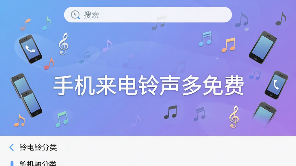 手机来电铃声多免费软件主界面截图,画面中央展示软件名称“手机来电铃声多免费”,背景为柔和的蓝紫色渐变,周围环绕着各种音乐符号和手机图标,界面布局清晰,上方为搜索栏,下方为铃声分类列表,风格简洁现代,画质清晰,干净无多余元素