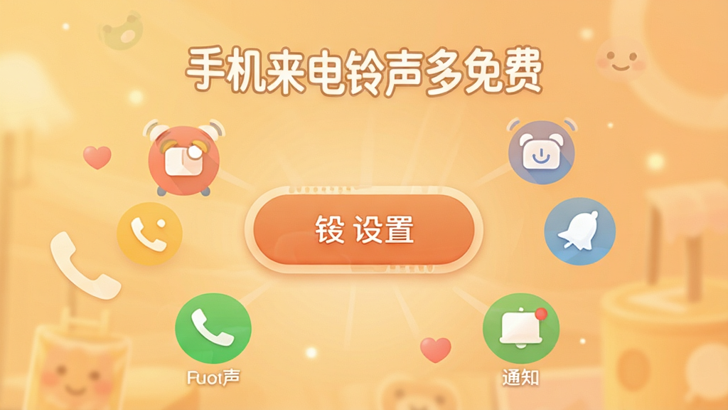 手机来电铃声多免费软件的一键设置功能界面,画面中展示“手机来电铃声多免费”软件名称,中央有一个醒目的设置按钮,周围环绕着来电、闹钟、通知等图标,背景为柔和的暖色调,风格友好直观,画质清晰干净