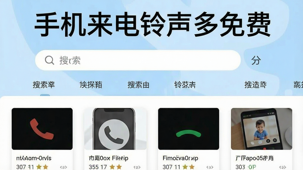 手机来电铃声多免费软件的搜索与分类界面,画面顶部显示“手机来电铃声多免费”文字,中间为搜索框和分类标签,下方展示筛选后的铃声列表,背景为干净的白色与浅蓝色搭配,风格简洁高效,画质清晰,无多余装饰