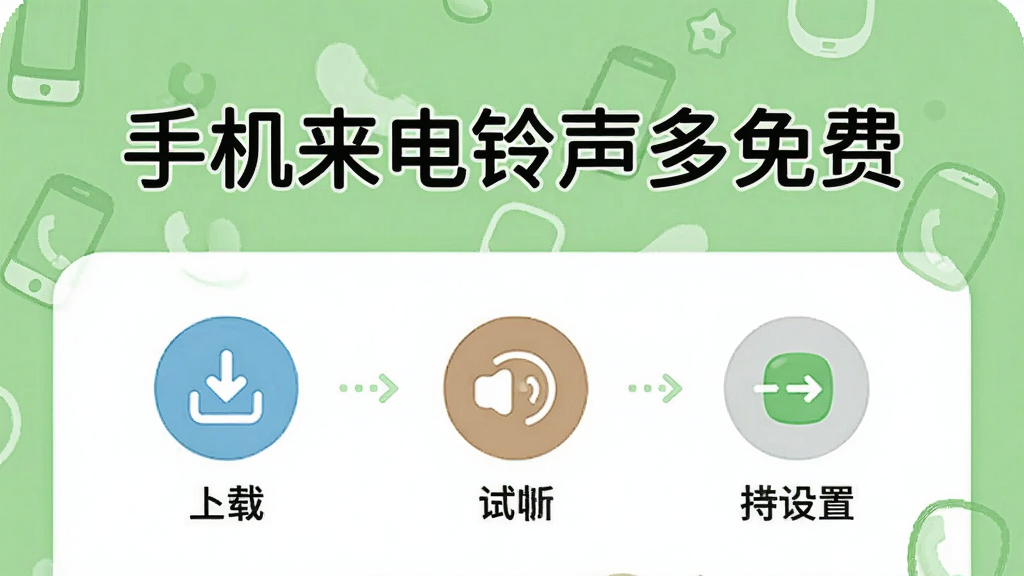 手机来电铃声多免费软件的新手操作引导页面,画面中展示“手机来电铃声多免费”文字标题,下方为步骤式操作图解,包含下载、试听、设置等图标,背景为浅绿色与白色搭配,风格清新友好,画质清晰,无杂乱元素