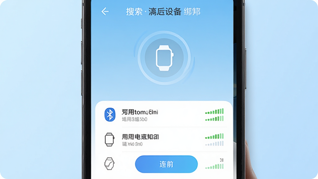 ��ͯ�绰�ֱ������豸�󶨽�����д����������Ϊ�ֻ���Ļ��ʾ���������������ֱ��豸����Ļ��������ת�������������·��г������豸�������ź�ǿ�ȣ�����Ϊǳ��ɫ���䣬���־��У����Ϊ�ִ���ԼUI��ϸ�ڰ�������ͼ�ꡢ�ֱ����������Ӱ�ť�������������ɾ����޶���Ԫ��