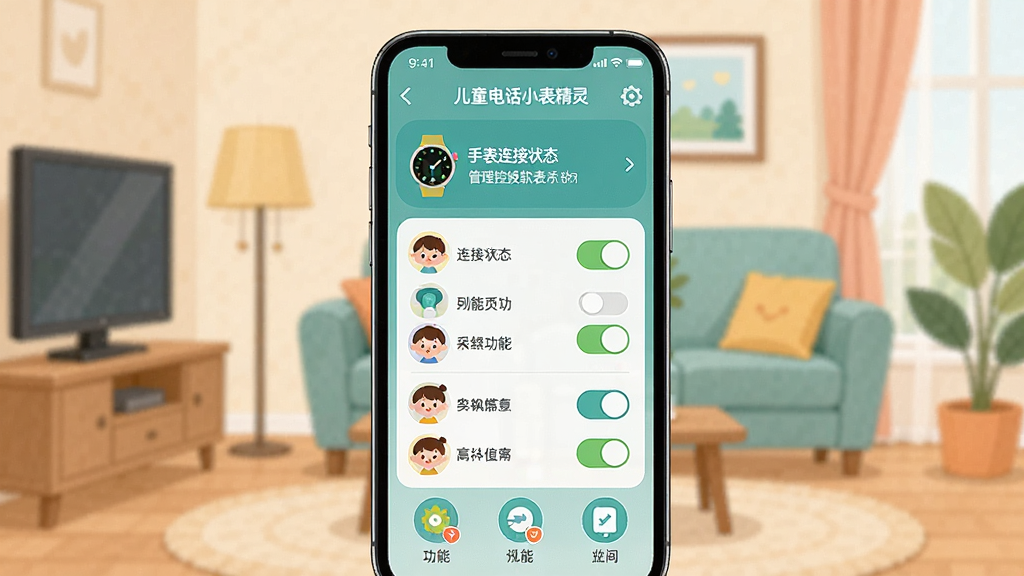 һ��չʾ��ͯ�绰�ֱ����������������ͼƬ�������������ֻ���Ļ����Ļ����ʾ�Ŷ�ͯ�绰�ֱ�����Ĺ���������壬��������ֱ�����״̬�����ܿ����б��Ϳɰ��Ŀ�ͨ��ͯͷ�񣬱�������ܰ�ļ�ͥ�������������Ϊ��ƽ���Ƽ��廭��ϸ�ڰ��������Ĺ���ͼ�����͵�����ɫ�������ʸ��壬�ɾ����޶���Ԫ��