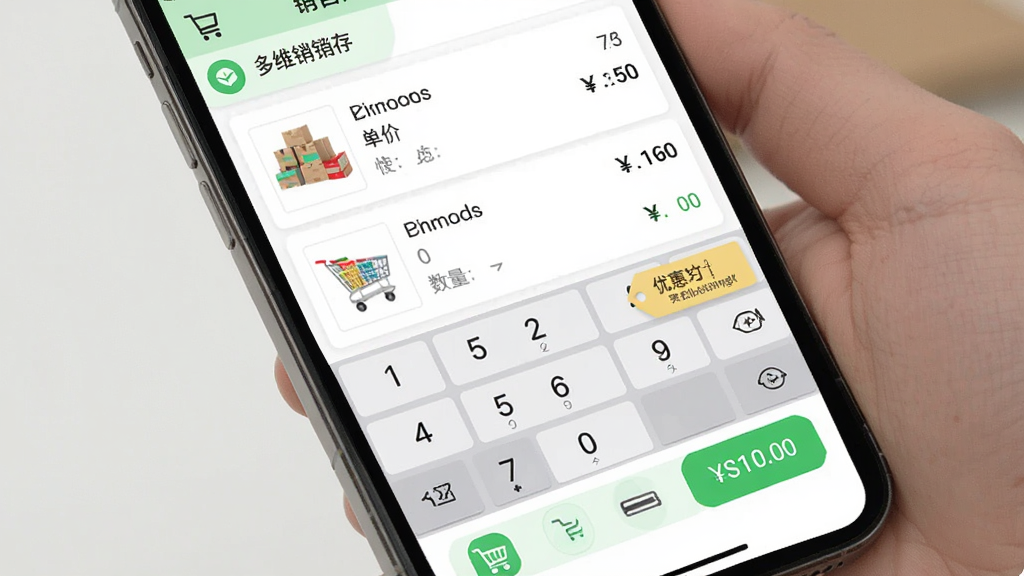 ��ά�ʽ����� ���ۿ������棬�ֻ���Ļ��ʾ���ﳵ��Ʒ�б��ͽ��㰴ť����Ʒ�������ơ����ۡ��������ײ����տʽͼ�꣬����Ϊ��ɫ��ǳ��ɫ���䣬����Ϊ�б��ӵײ������������Ϊ�ִ��ƶ�����ƣ�ϸ�ڰ������ּ��̡��Ż�ȯ��ǩ���ϼƽ����ʸ��壬�ɾ��޶���Ԫ��
