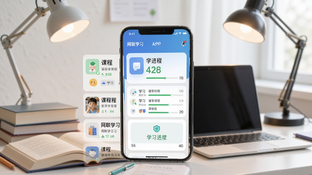 ����ѧϰAPP������չʾ���ֻ���Ļ�г��ֿγ��б���ѧϰ���ȿ�Ƭ������Ϊ������ѧϰ�����������鱾��̨�ơ��ʼǱ����Ե�Ԫ�أ����������¼�࣬�����������ɾ��޶���Ԫ��