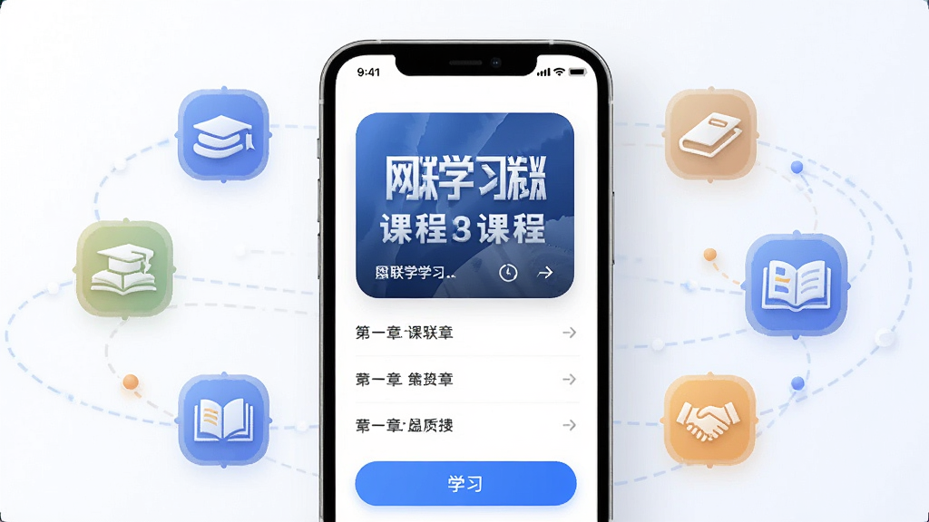 ����ѧϰAPP�γ�����ҳչʾ����������Ϊ�ֻ����棬��ʾ�γ̷��桢�½��б���ѧϰ��ť����Χ���Ƹ���ѧ��ͼ����֪ʶԪ�أ�����ִ���Լ������ϸ�壬�ɾ��޶���Ԫ��