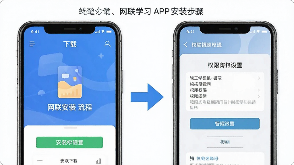 ����ѧϰAPP��װ����ʾ��ͼ���ֻ���Ļ��ʾ���ذ�װ������Ȩ�����ý��棬���м�ͷָ��������˵���������ֱ�ۣ������������ɾ��޶���Ԫ��