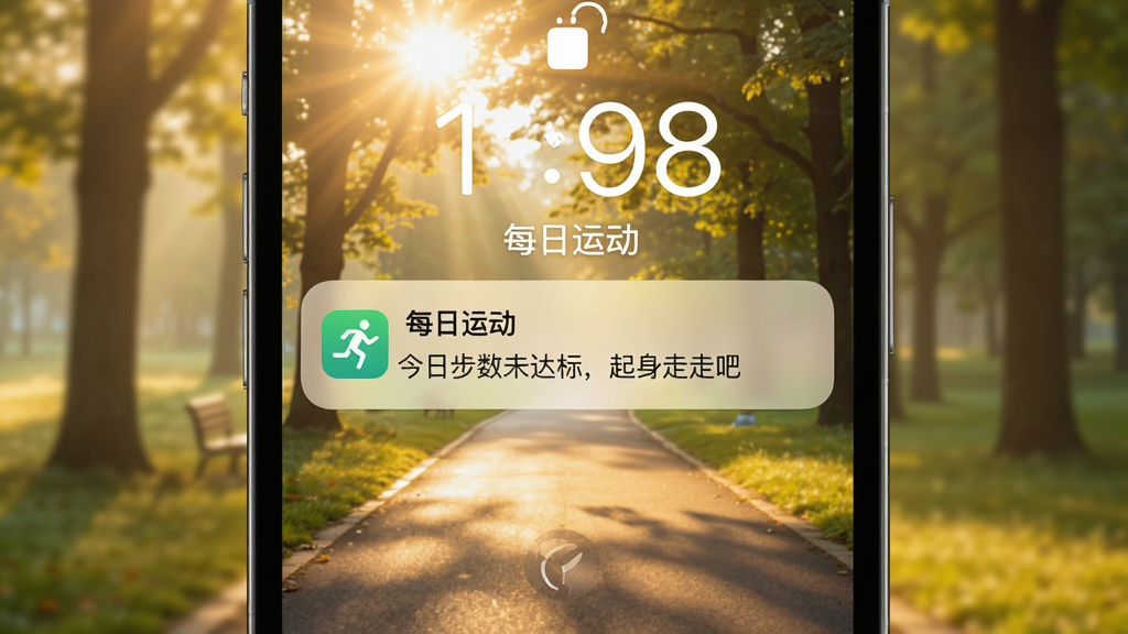 һ��չʾ��ÿ���˶��������ѹ��ܵ�ͼƬ������Ϊ�ֻ��������浯����֪ͨ��֪ͨ������ʾ�����ղ���δ��꣬�������߰ɡ�������Ϊ�峿��԰С��������͸����Ҷ���䣬�����Χ��ů���������������롰ÿ���˶���Ӧ��ͼ�꣬���дʵ���£�����ϸ�壬������Ԫ��