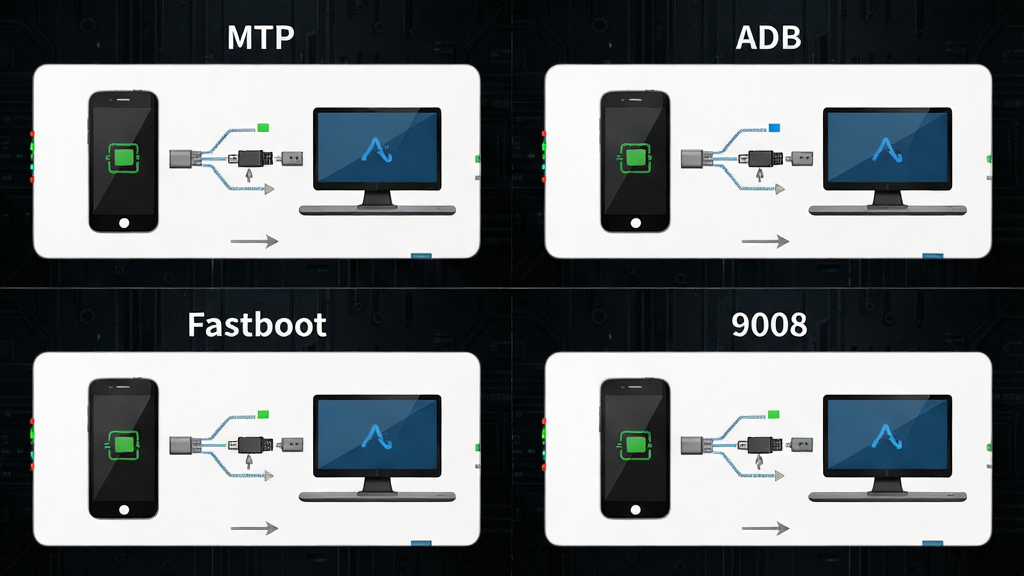 һ��չʾ��������ģʽ��ʾ��ͼ�������Ϊ�ĸ����򣬷ֱ��עMTP��ADB��Fastboot��9008��ÿ���������ж�Ӧ���ֻ�״̬ͼ��͵�������ʾ�⣬��������ɫ�Ƽ������������Ĺ������У��Ű���������ҵ�Ƽ��У�ϸ�ڰ���ģʽ�л���ͷ���豸״ָ̬ʾ�ơ����������������ʸ��壬�ɾ����޶���Ԫ��