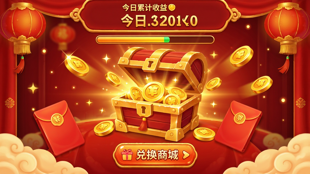���ϴ����ҽ�������ҳ�棬��������չʾ��ұ��俪����������Χɢ��������Ԫ�أ��Ϸ���ʾ�����ۼ��������֣��·��жһ��̳���ڰ�ť������Ϊϲ��ĺ�ɫ���ɫ���䣬���Ϊ������Ϸ�������棬ϸ�ڰ���������Ч�ͽ����������ʸ��壬�ɾ����޶���Ԫ��