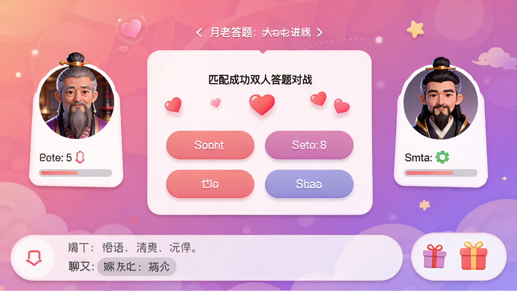 ���ϴ���˫�˴����ս���棬��������ֱ���ʾ��λ�û�ͷ���������ȣ��м�����Ŀ������ѡ�ť���ײ��������ݶ��������ͼ�꣬����Ϊ��ܰ�ķ���ɫ���䣬���Ϊ�罻Ӧ��UI��ƣ�ϸ�ڰ������Ķ�����ƥ��ɹ���ʾ�����ʸ��壬�ɾ����޶���Ԫ��