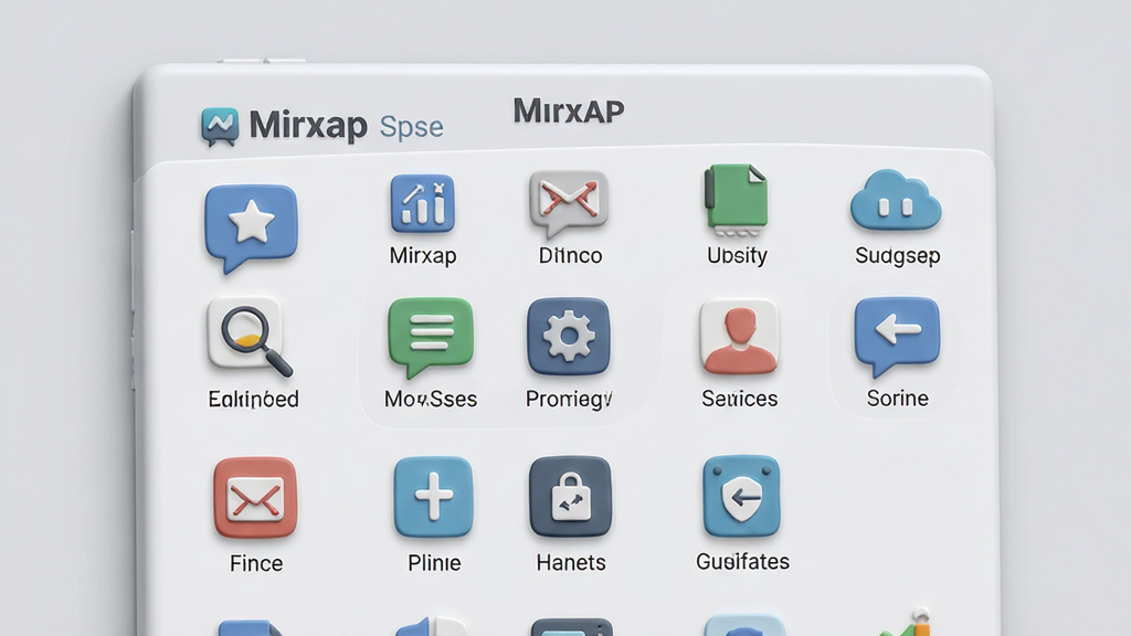 画面主体为 Mirxap 应用界面截图,界面中功能图标排列整齐,文字标注清晰。背景为浅灰色,风格简约商务,细节上界面有轻微立体感,画质清晰,干净,无多余元素。