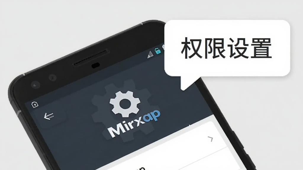 画面主体为一部安卓手机,手机屏幕显示 Mirxap 的设置界面,旁边有齿轮图标和提示气泡。背景为浅灰色,风格扁平化,细节上气泡内有文字“权限设置”,画质清晰,干净,无多余元素。