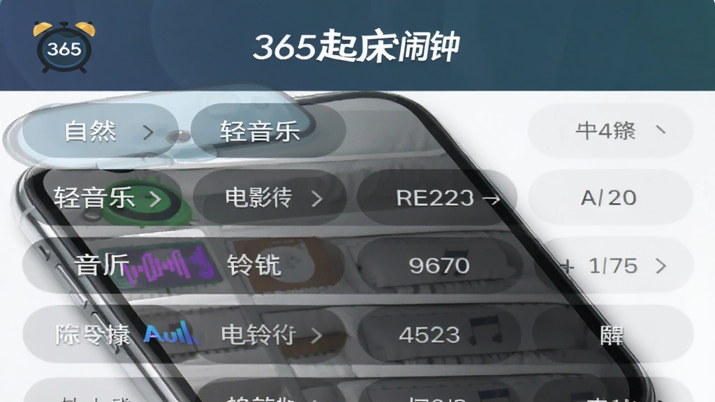 一张展示手机音乐选择列表的截图,列表中排列着多种铃声分类标签,包括自然、轻音乐、电音等,顶部有365起床闹钟的logo标识,界面排版整齐,风格现代,画质清晰,干净,无多余元素