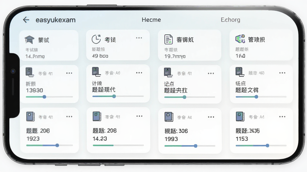 easyukexam 应用内题库列表界面的详细图片,手机屏幕显示多个考试科目分类卡片,每张卡片上有科目名称和题目数量,背景为浅色渐变,排版整齐,风格现代简约,细节包含图标和进度条,画质清晰,干净,无多余元素