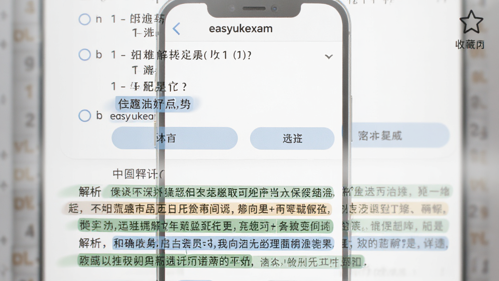 easyukexam 应用内题目解析页面的图片,手机屏幕显示一道选择题和下方的详细解析文字,解析部分用不同颜色标注重点,背景干净,排版舒适,风格教育类应用,细节包含选项按钮和收藏图标,画质高清,干净,无多余元素