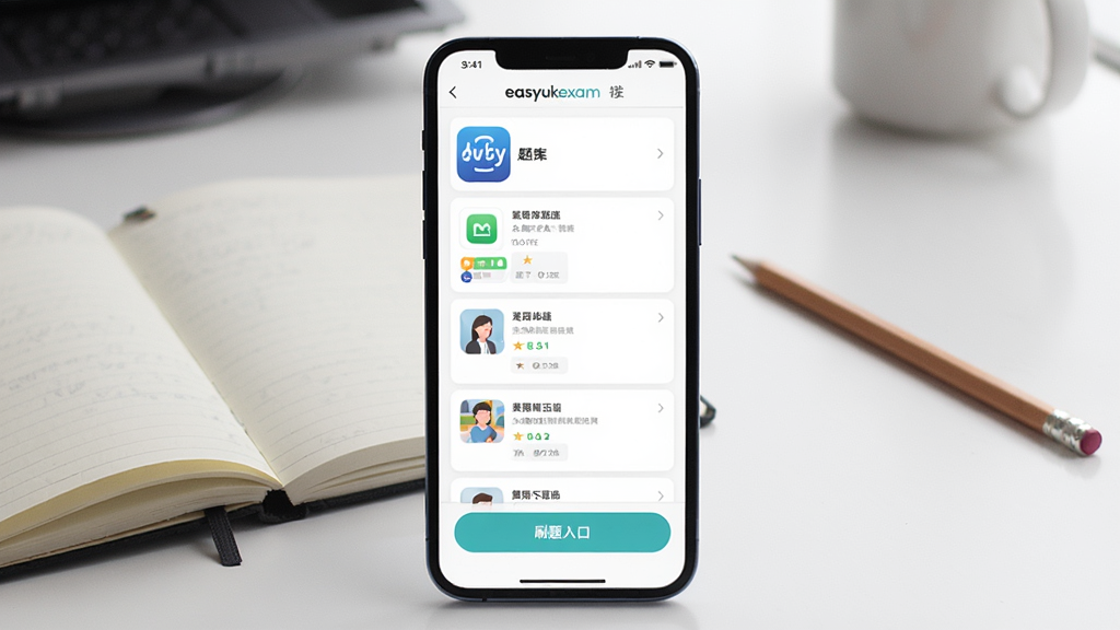 一张展示 easyukexam 手机应用主界面的图片,画面中央是手机屏幕,屏幕内显示题库分类列表和刷题入口按钮,背景是书桌场景,有笔记本和铅笔,整体风格简洁明亮,排版清晰,细节包括应用图标和题目卡片,画质高清,干净,无多余元素