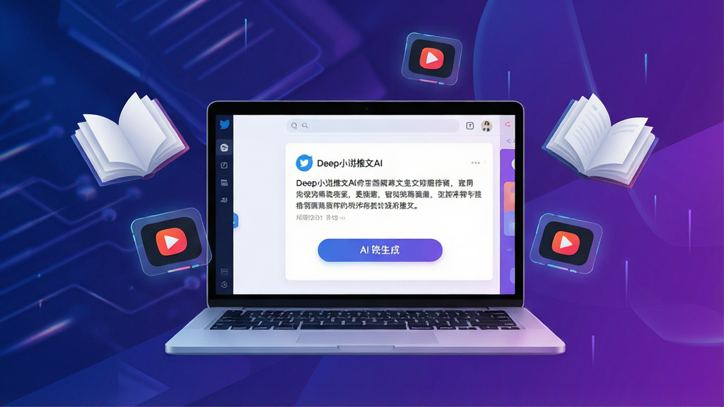 一幅展示Deep小说推文AI软件界面的场景图,画面中央是一台打开的笔记本电脑,屏幕上显示着小说推文编辑界面和AI生成按钮,周围漂浮着几本翻开的书籍和短视频播放图标,整体采用现代科技风格,布局简洁明快,主色调为深蓝色与紫色渐变,细节上突出智能推荐与文字生成元素,画质清晰干净,无多余装饰,文字标注为