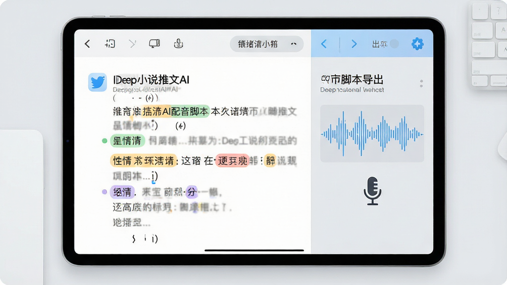 一张展示Deep小说推文AI配音脚本与情绪标注功能的界面图,画面主体为一块平板电脑屏幕,屏幕上显示着带有情绪标记和停顿符号的文本,旁边有音频波形图与麦克风图标,布局为左右分栏,风格为简洁办公风,主色调为浅灰与蓝色,细节上突出情绪标注与脚本导出,画质清晰干净,画面中文字标注为