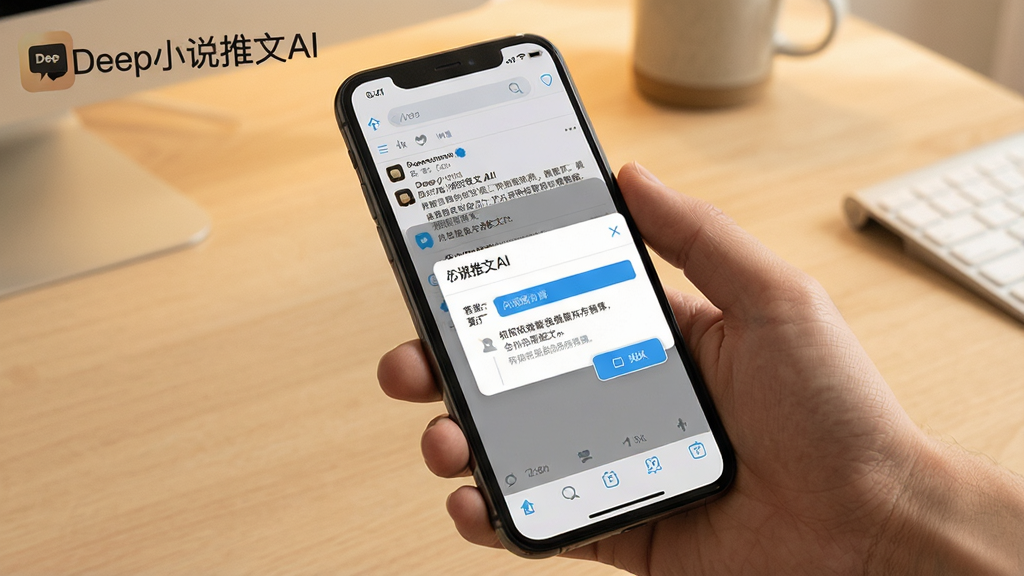一张展示Deep小说推文AI在手机上运行的操作示意图,画面主体为一只手拿着手机,屏幕上显示着推文编辑界面和权限设置弹窗,背景为简洁的桌面环境,风格为写实生活风,主色调为暖色,细节上突出权限开启与存储选择提示,画质清晰干净,无多余元素,画面中文字标注为