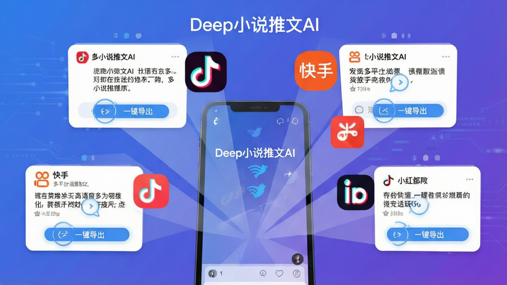 一幅展示Deep小说推文AI多平台适配功能的场景图,画面中一部手机同时投射出多个平台图标,包括抖音、快手、小红书等,每个图标旁展示着适配后的推文卡片样式,整体布局为放射状,风格为扁平化科技感,主色调为蓝紫色,细节上突出格式切换与一键导出按钮,画质清晰干净,无多余元素,画面中文字标注为