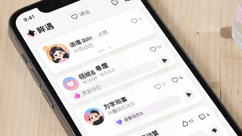 一张展示“眸遇”兴趣圈子动态广场的图片,主体为手机界面中多个圈子卡片与语音动态列表,布局为瀑布流排版,风格为活泼社区风格,细节包括圈子图标、点赞评论按钮、语音播放条,画质高清,干净,无多余元素