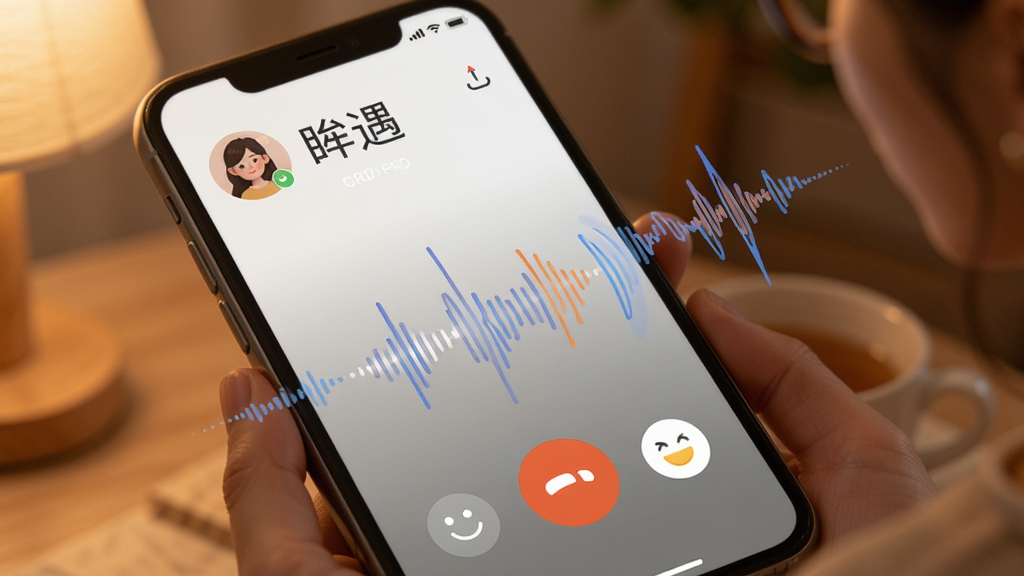 一张展示“眸遇”实时语音互动场景的图片,主体为手机屏幕中语音通话界面与动态声波,布局为上下结构,排版突出通话按钮与声波动画,风格为温暖社交氛围,细节包括用户头像、通话时长、表情按钮,画质高清,干净,无多余元素