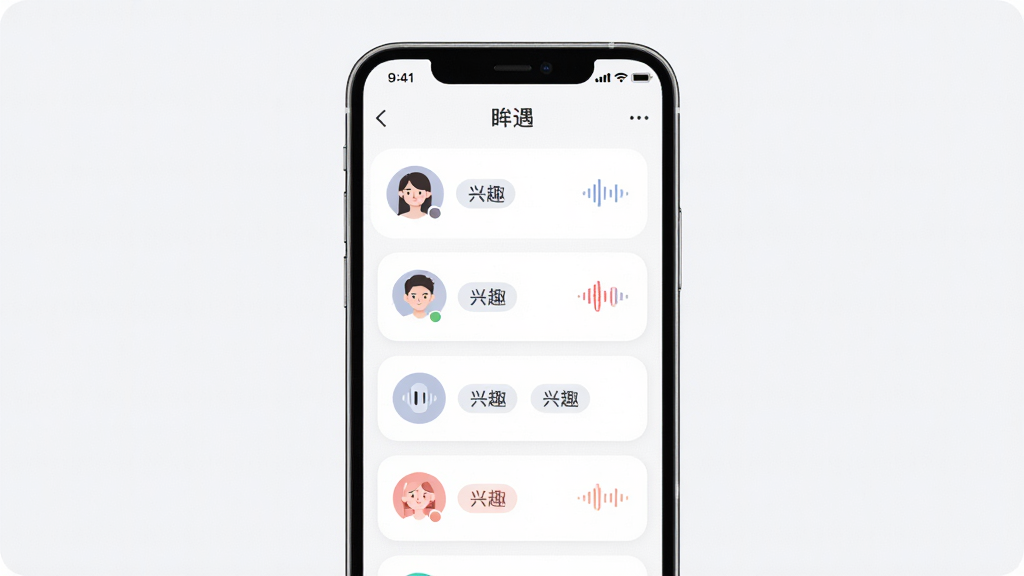 一张展示“眸遇”应用主界面的图片,主体为手机屏幕中显示语音标签匹配列表,布局采用居中展示,排版清晰简洁,风格为现代扁平化UI设计,细节包括圆形头像、语音波纹图标、兴趣标签卡片,画质高清,干净,无多余元素