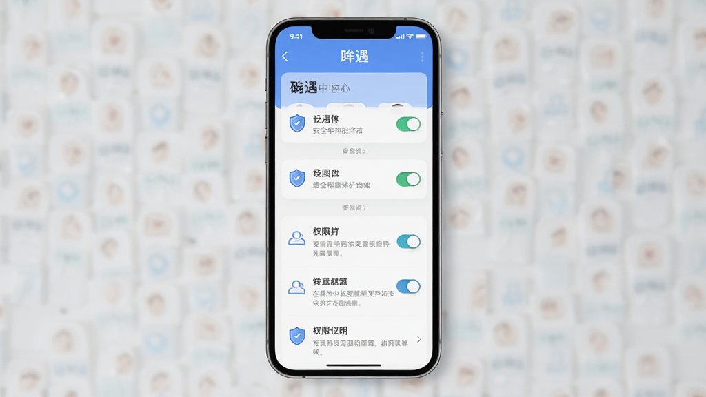 一张展示“眸遇”隐私保护设置的图片,主体为手机界面中安全中心页面,布局为列表式排版,风格为简洁安全风格,细节包括盾牌图标、开关按钮、权限说明文字,画质高清,干净,无多余元素