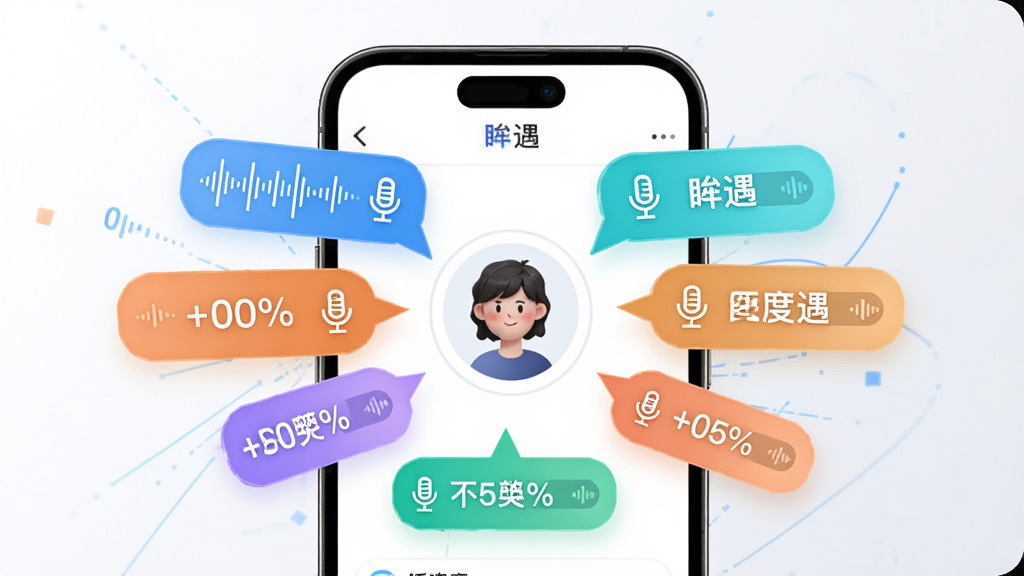 一张展示“眸遇”语音标签匹配功能的图片,主体为手机界面中多个语音标签气泡围绕用户头像,布局为放射状排列,排版突出语音波形与标签文字,风格为清新科技感,细节包括彩色标签、麦克风图标、匹配度百分比,画质高清,干净,无多余元素