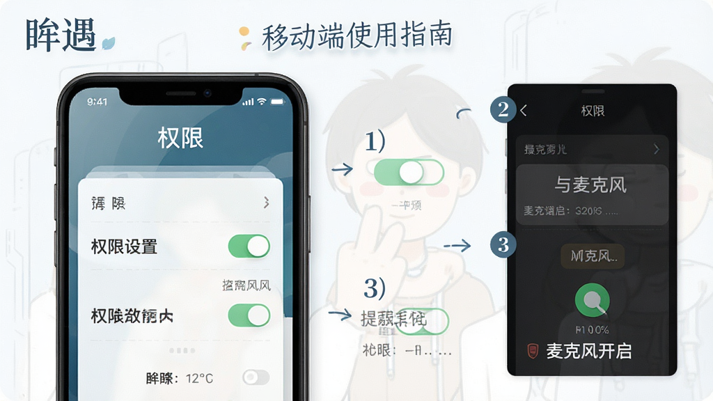 一张展示“眸遇”移动端使用指南的图片,主体为手机屏幕中权限设置与麦克风开启界面,布局为分步图示排版,风格为教程说明风格,细节包括权限开关、步骤序号、提示文字,画质高清,干净,无多余元素