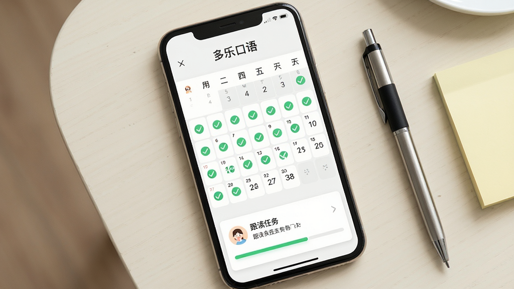 一部手机屏幕截图风格图片,展示多乐口语的每日打卡页面,屏幕顶部有“多乐口语”字样,中部是日历打卡网格,部分日期有对勾标记,底部有跟读任务卡片。手机平放在浅色桌面上,旁边有一支笔和便签纸。布局为俯拍平铺,风格为清新简约产品展示风格,细节包括打卡日历的绿色对勾和任务进度条,画质清晰,干净,无多余元素。