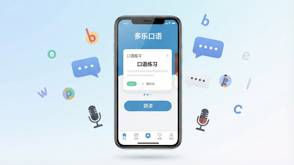 一幅展示多乐口语软件主界面的场景图。主体是一部竖屏智能手机,屏幕中显示多乐口语App的首页界面,顶部有“多乐口语”字样,中部是口语练习卡片与跟读按钮,底部有导航栏。布局采用居中构图,手机悬浮在柔和渐变背景之上,周围环绕着英语字母、对话气泡、麦克风图标等装饰元素。排版清晰,风格为现代扁平化UI展示风格,细节上手机屏幕有轻微反光,背景色为淡蓝与白色渐变。画质高清,干净,无多余元素。