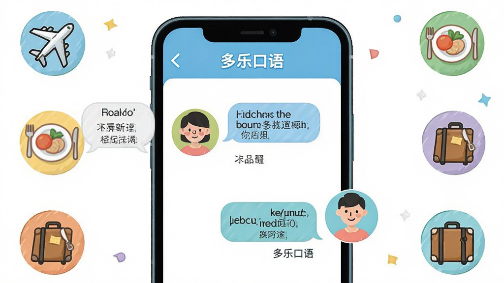 一幅插画风格图片,展示多乐口语的场景化对话练习功能。画面中央是一部手机,屏幕显示“多乐口语”的对话练习界面,有两个人物的卡通头像分别代表对话双方,旁边有对话气泡和场景图标如飞机、餐盘、行李箱。布局为手机居中,四周环绕场景小图标。风格为扁平化卡通插画,色彩明快,细节包括对话气泡中的英文短句和中文翻译,画质高清,干净,无多余元素。