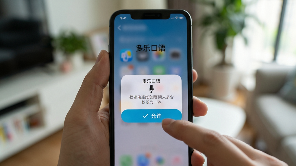 一部手机屏幕显示多乐口语的权限设置引导页面,屏幕上有“多乐口语”名称和麦克风权限请求弹窗。手机被一只手握持,背景是模糊的室内环境。布局为第一人称视角,风格为真实用户操作场景摄影,细节包括手指点击“允许”按钮的动作和屏幕弹窗的圆角设计,画质清晰,干净,无多余元素。
