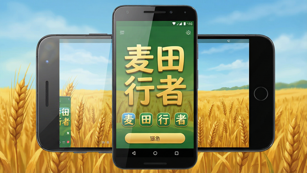 一张展示“麦田行者”移动端应用主界面的图片,画面中央是一部安卓手机,手机屏幕上显示着“麦田行者”四个大字,界面以绿色和金色为主色调,背景是金黄色的麦田和蓝天,布局采用居中构图,风格为写实插画风,细节包括手机边框、屏幕反光、应用图标和简洁的按钮,画质清晰,干净,无多余元素