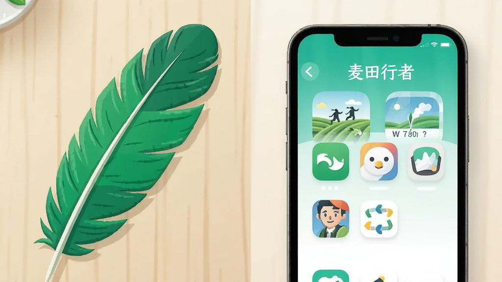一张展示“麦田行者”应用轻量高效运行概念的图片,主体是一个绿色的羽毛和一个智能手机并排放在桌面上,布局采用左右对比构图,风格为简约扁平化,细节包括羽毛的纹理、手机的屏幕显示应用图标,画质清晰,干净,无多余元素