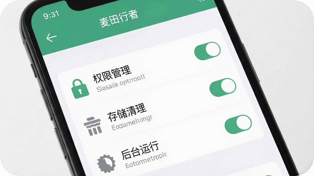 一张展示“麦田行者”移动端问题解决与优化设置的图片,主体是一部手机显示设置界面,界面中有“权限管理”“存储清理”“后台运行”等选项,布局采用手机屏幕特写构图,风格为扁平化UI风格,细节包括设置图标、开关按钮、文字标注,画质清晰,干净,无多余元素