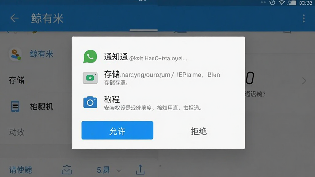 一张“鲸有米”安卓版安装权限设置界面的手机截图,画面显示应用请求通知、存储、相机权限的弹窗,下方有“允许”和“拒绝”按钮,背景为手机系统设置页面。风格为写实界面截图,细节包括权限图标、文字说明、按钮高亮,画质清晰,干净,无多余元素。