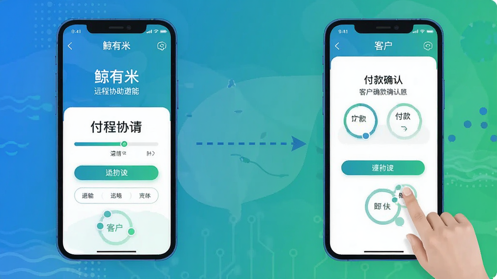 一张展示“鲸有米”远程协助功能的示意图,画面左侧是一部手机显示远程协助邀请界面,右侧另一部手机显示客户正在操作的付款确认页面,中间用虚线箭头连接表示远程指导关系。整体风格为扁平化科技风,配色以蓝色和绿色为主,细节包括手机边框、按钮高亮、进度条,画质清晰,干净,无多余元素。