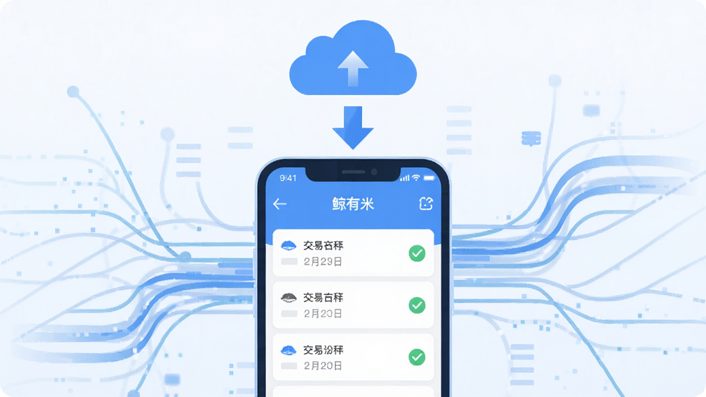 一张“鲸有米”交易记录云同步功能的示意图,画面中央是一部手机显示交易记录列表,上方有云朵图标与同步箭头指向手机,背景为抽象的数据流动线条。风格为科技感扁平插画,配色以蓝色和白色为主,细节包括列表条目、日期标签、同步状态勾选,画质清晰,干净,无多余元素。