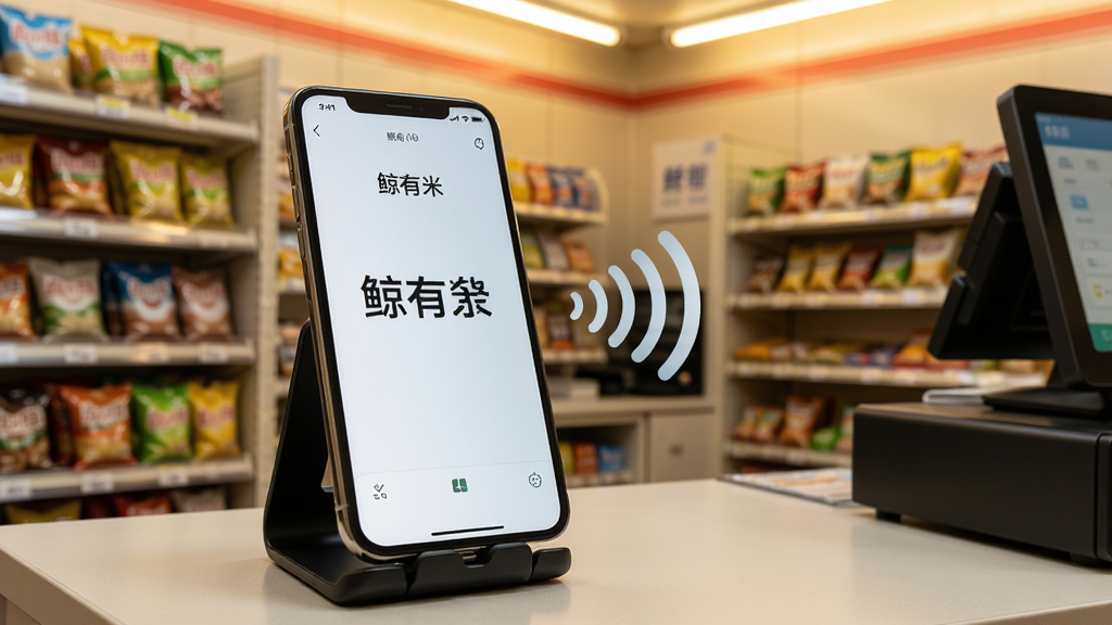一张展示“鲸有米”收款语音播报功能的场景图,画面中一部手机放在收银台上,屏幕显示到账金额大字,旁边有声音波纹图标表示正在播报。背景为小型便利店收银场景,风格为写实生活照,细节包括手机支架、商品货架、暖色灯光,画质清晰,干净,无多余元素。