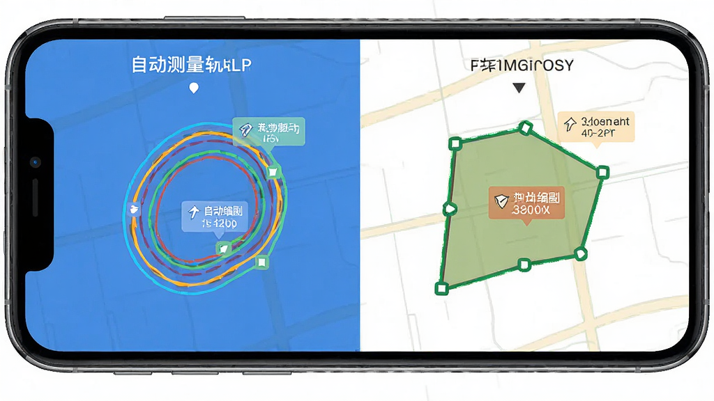 土地测量大师多模式测量功能展示图,画面主体是手机屏幕特写,屏幕上同时呈现自动测量轨迹与手动绘制多边形两种模式对比,布局为左右分屏或上下排列,风格扁平化UI设计展示,细节包括不同颜色的线条轨迹与面积数值标签,画质清晰,干净,无多余元素